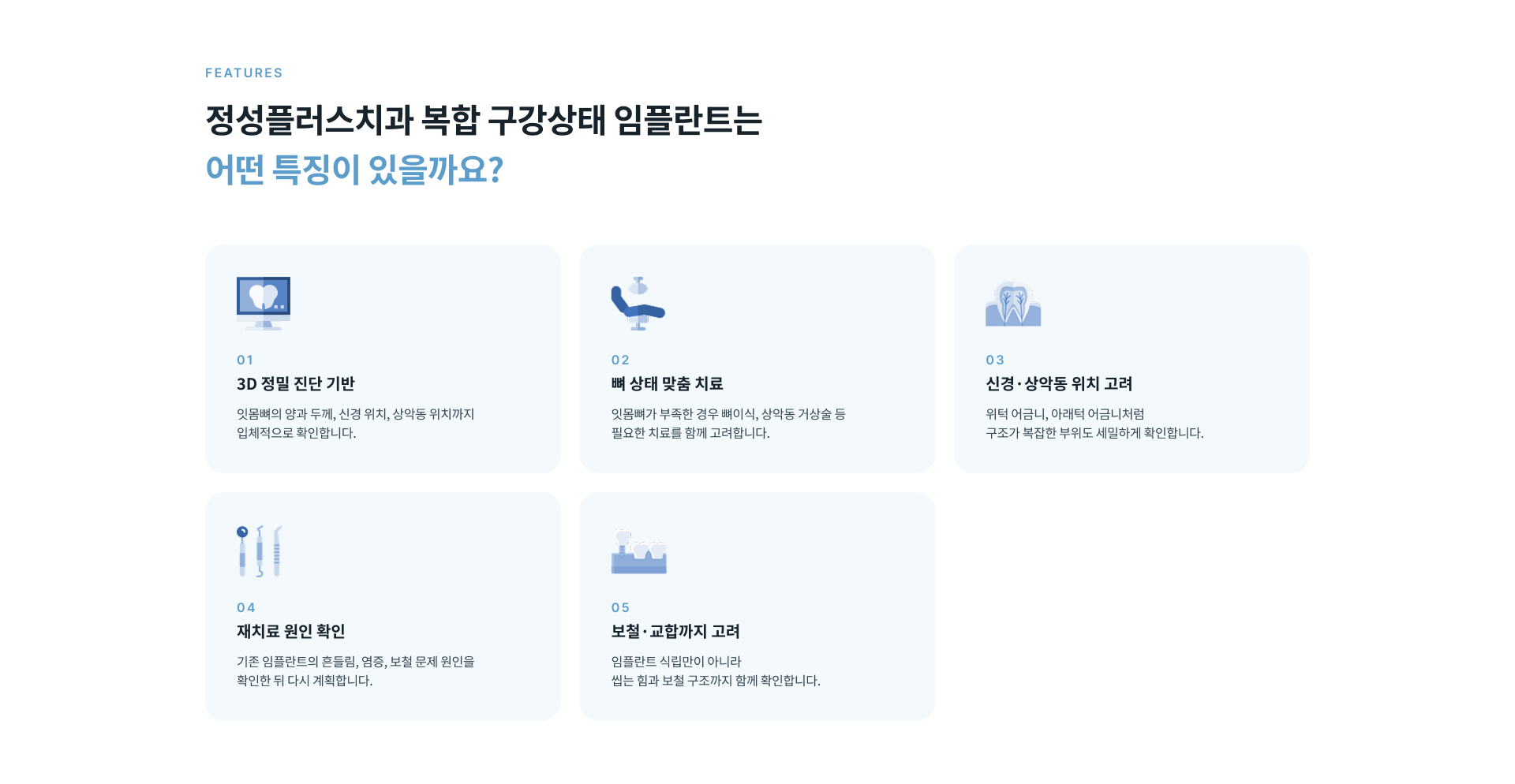 3D CT 정밀 진단부터 구강 상태 확인, 치료 계획, 선행 치료, 임플란트 식립, 보철 및 사후관리까지 복합 구강상태 임플란트 치료 과정