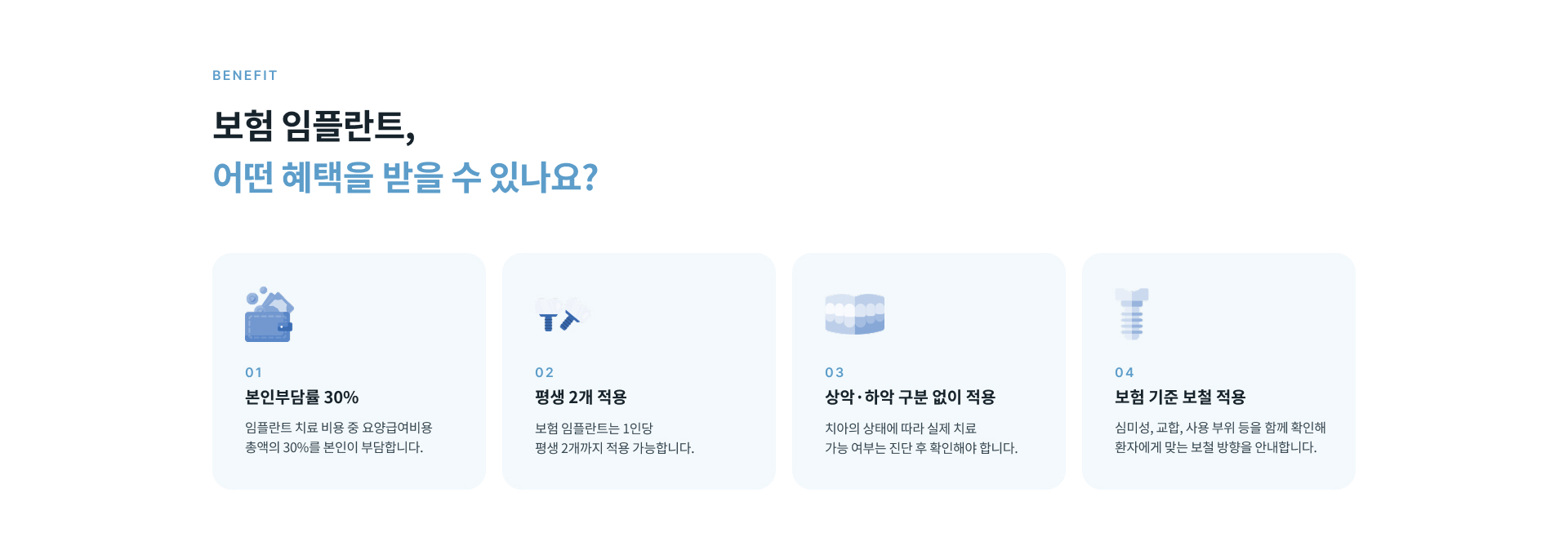 보험 적용 여부 확인부터 구강 상태 검사, 사전 등록, 임플란트 식립, 보철 수복 및 정기 관리까지 보험 임플란트 치료 과정