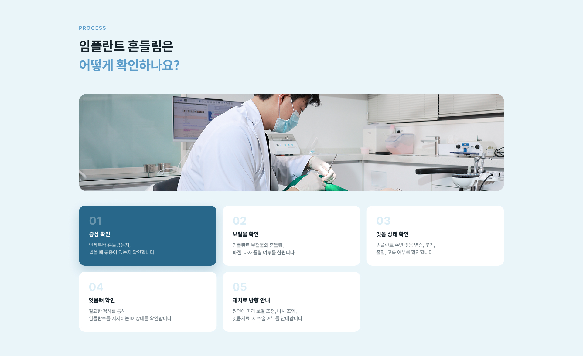 임플란트가 흔들릴 때 재수술이 필요한지, 통증이 없어도 검진이 필요한지, 임플란트 주위염과 잇몸뼈 손상에 대해 안내하는 자주 묻는 질문