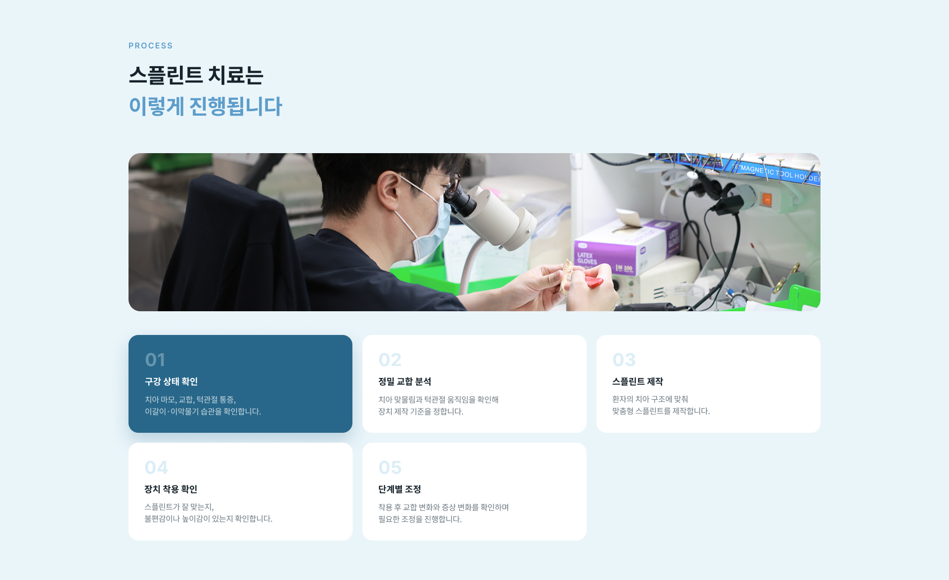 치아에 맞춤 제작하여 턱관절과 치아 및 보철물에 집중되는 힘을 분산시키는 스플린트 치료